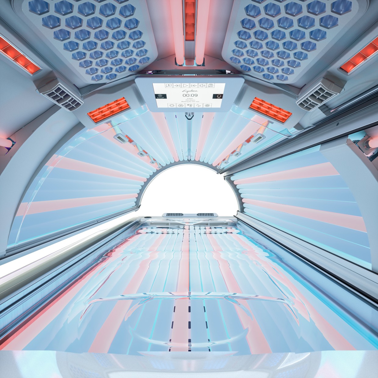 symmetrical interior view of Ergoline tanning bed light panel system